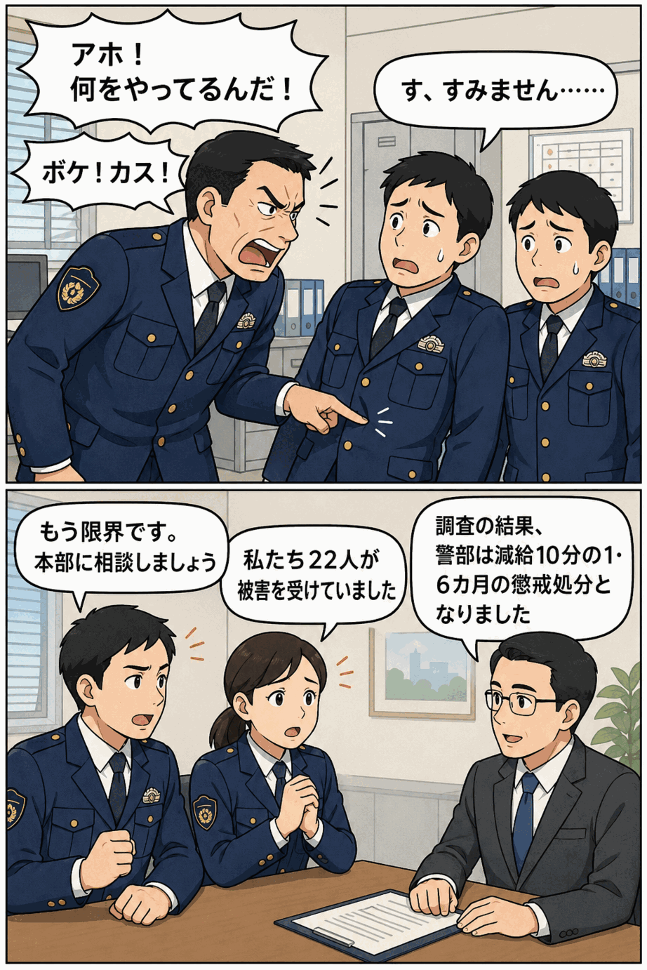 警察署内で上司警部が部下に「アホ」「ボケ」「カス」などの暴言を浴びせ、部下22人が本部に相談してパワハラが発覚し、減給10分の1・6カ月の懲戒処分となった事案の漫画