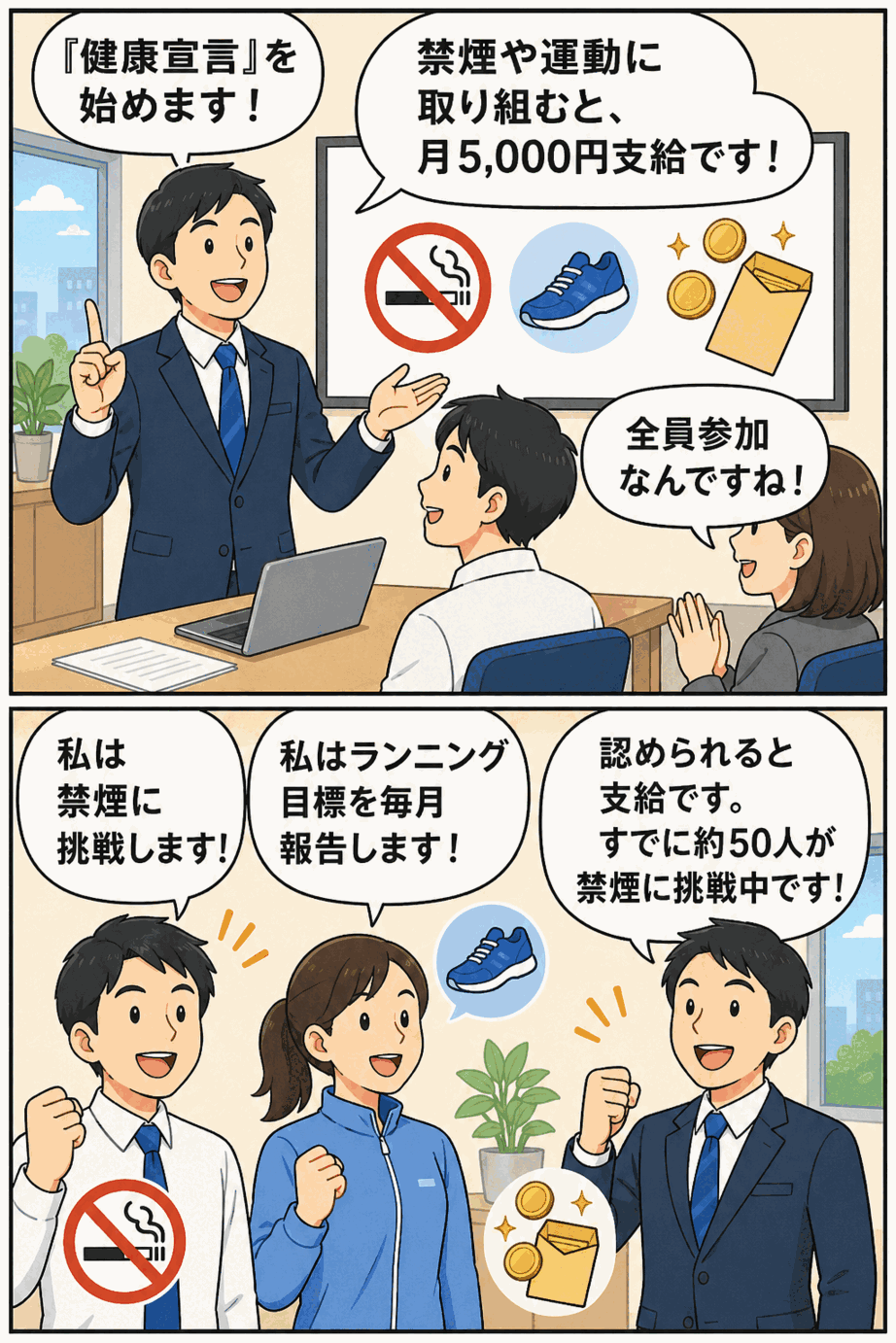 浄水器大手企業が全従業員参加の健康宣言制度を開始し、禁煙やランニングに取り組む従業員へ月5,000円を支給する説明漫画