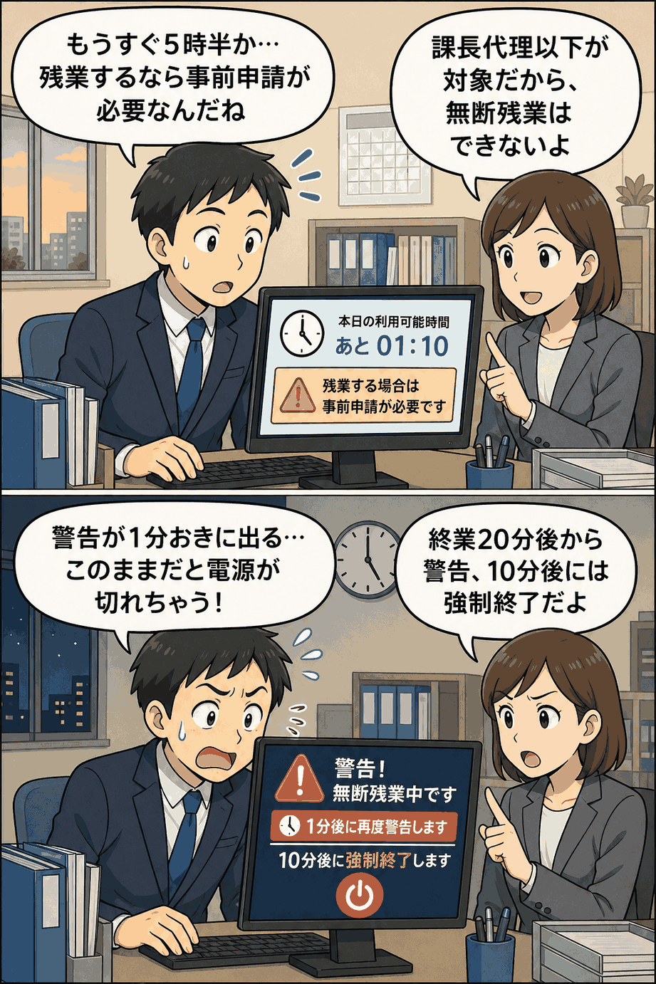 大阪府寝屋川市の無断残業対策として、事前申請なしの残業時にパソコンへ警告が表示され、強制終了される流れを説明する漫画