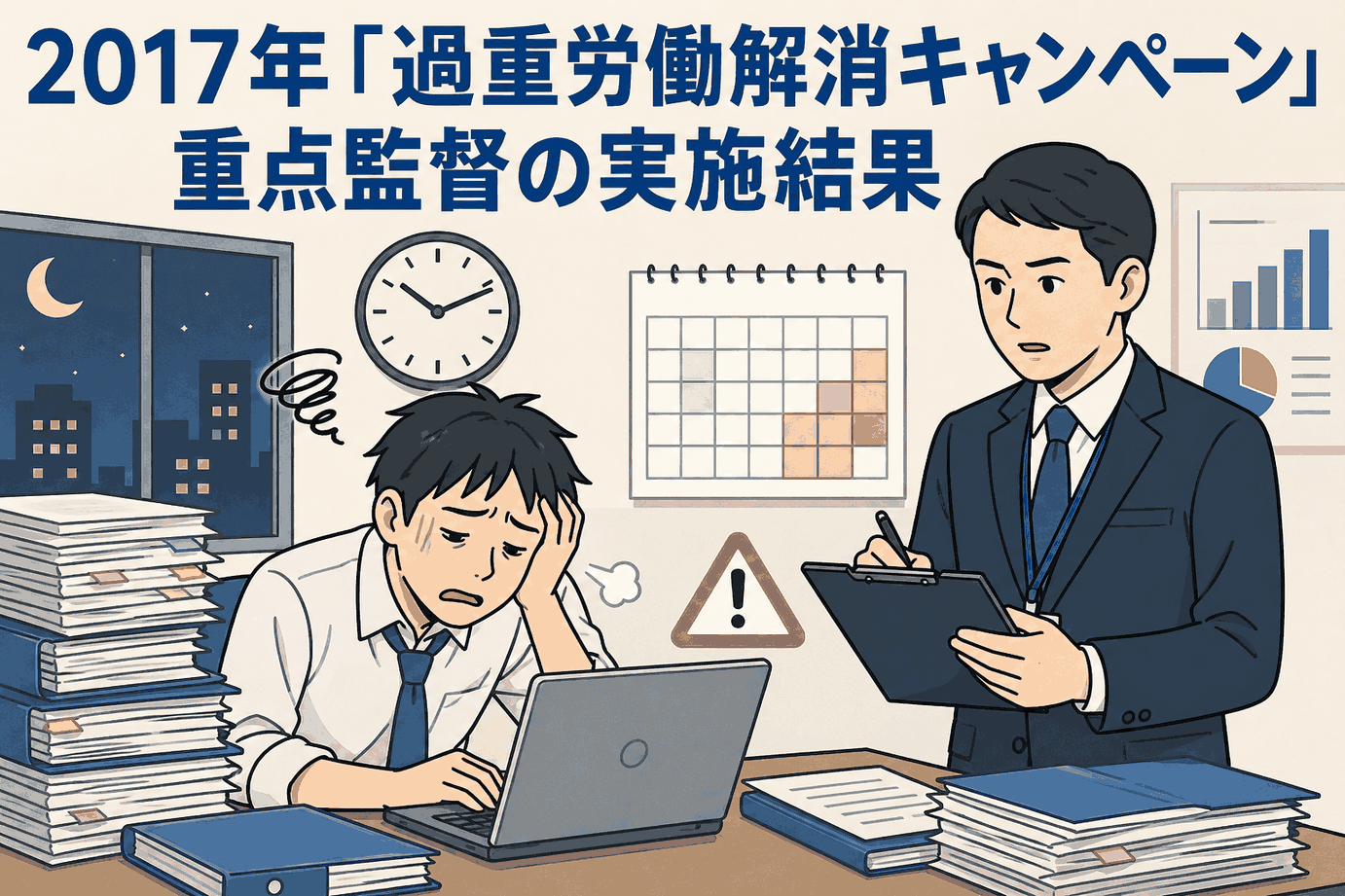 2017年「過重労働解消キャンペーン」重点監督の実施結果を示す、長時間労働や残業問題を抱える職場のイラスト