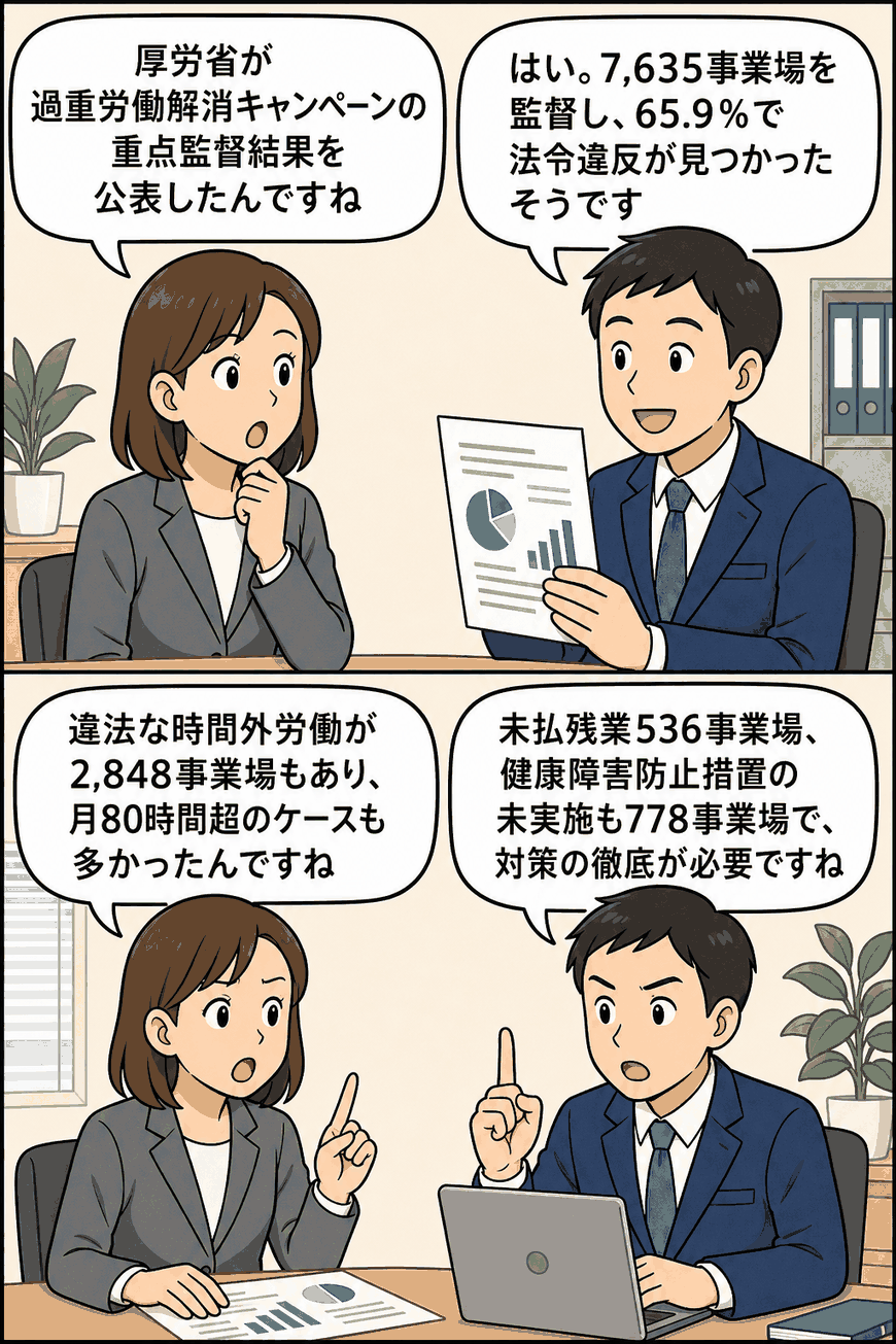厚生労働省の過重労働解消キャンペーン重点監督結果について、7,635事業場の監督や65.9%の法令違反を解説する漫画イラスト