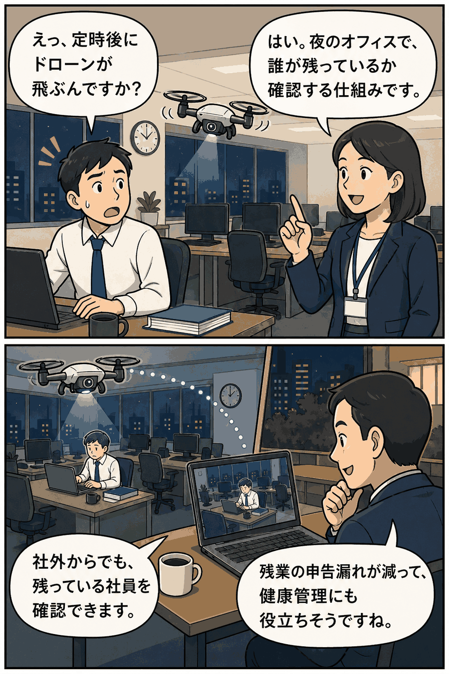 夜間のオフィスでドローンが残業中の社員を確認し、社外の上司が映像で把握する長時間労働抑制サービスの漫画