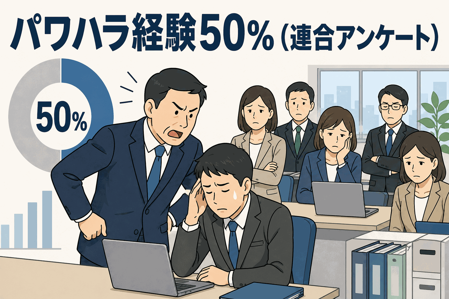 連合アンケートでパワハラ経験が50.2％に上ることを示す、職場のハラスメント問題に悩むビジネスパーソンのイラスト