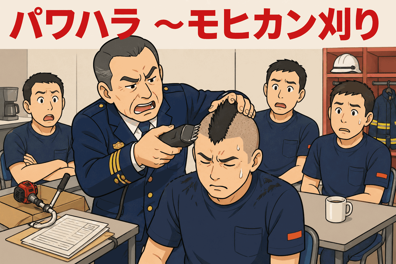 消防署内で前副署長が部下の髪をモヒカン刈りにするパワハラ問題を描いたイラスト