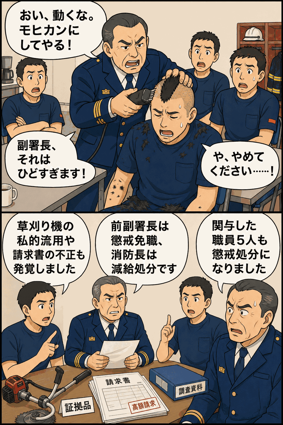 消防署前副署長が部下をモヒカン刈りにするパワハラと備品私的流用・不正会計を描いた漫画