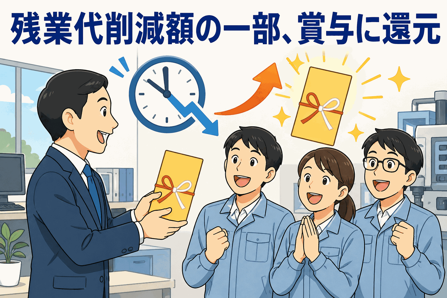 残業代削減額の一部を夏の賞与に上乗せして社員に還元する電子部品メーカーの働き方改革イメージ