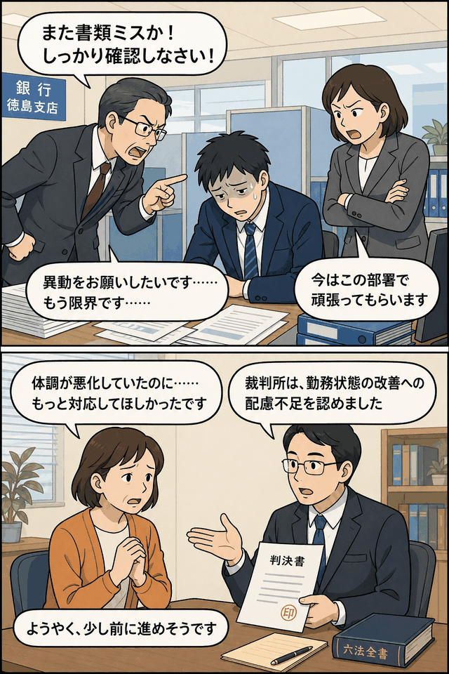 徳島市の銀行事務センターで、書類ミスを叱責され体調を崩した社員と、勤務配慮義務違反を認めた判決を説明する弁護士の漫画。