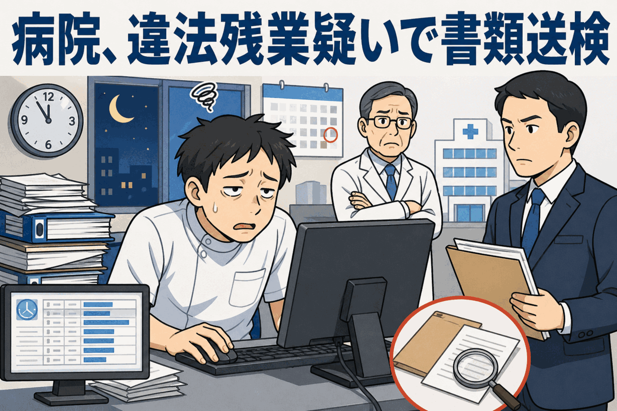 病院の電子カルテ更新業務に追われる男性職員と、違法な長時間労働の疑いで書類送検される医療機関を描いたイラスト