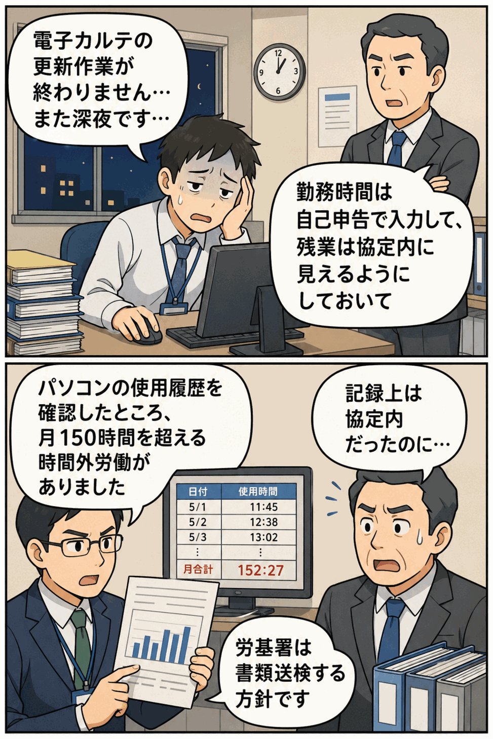 電子カルテ更新業務に追われる医療センター職員と、自己申告の勤務記録とパソコン使用履歴の差から違法な長時間労働が疑われる場面を描いた漫画