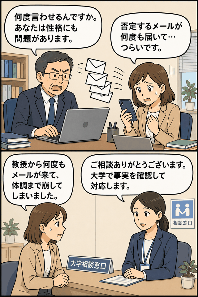 大学で男性教授が同僚女性に人格否定メールを繰り返し送り、女性が相談窓口に通報してパワハラ懲戒処分に至った事例を描いたイラスト