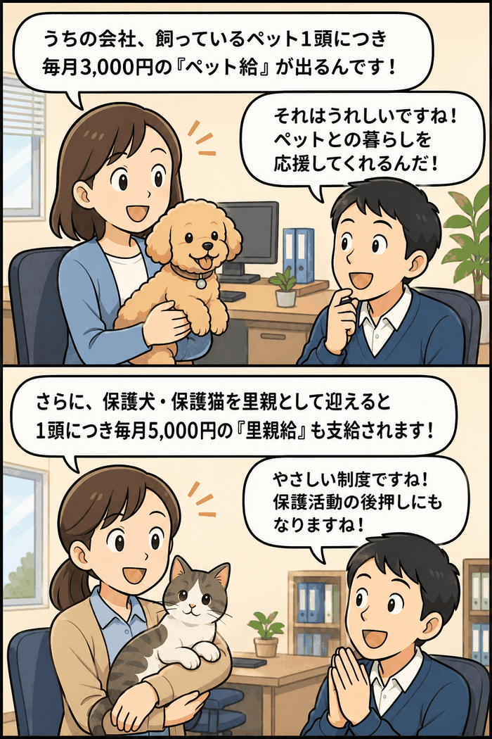 ペットシッター会社の社員が、ペット給と保護犬・保護猫の里親給について会話する漫画イラスト