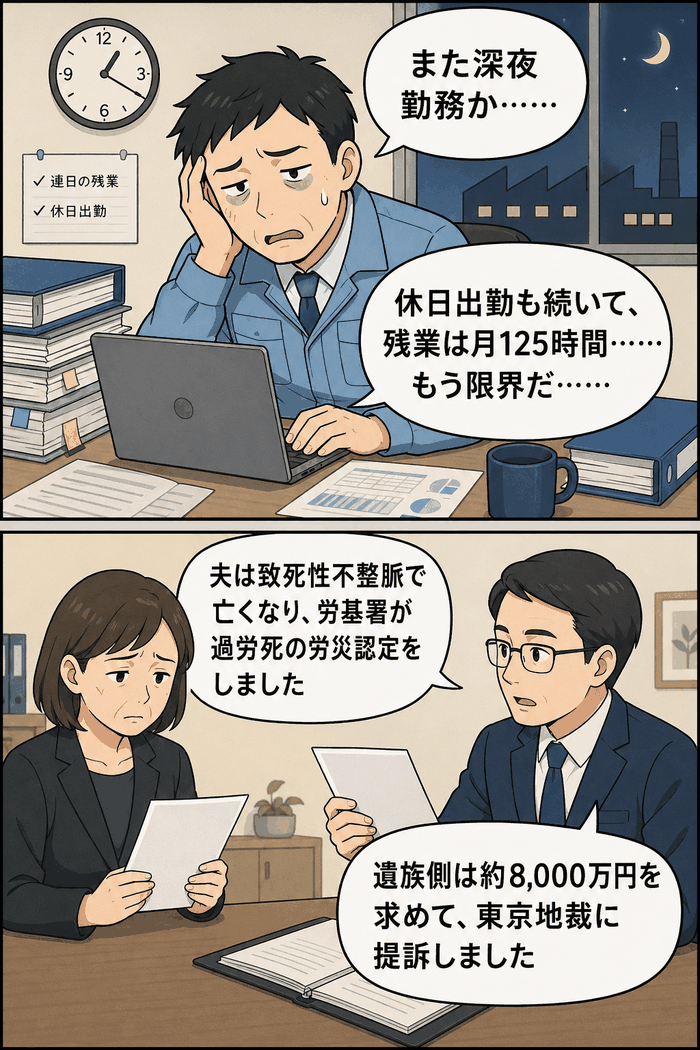 残業月125時間や休日出勤が続いた男性社員の過労死と労災認定を伝える漫画画像