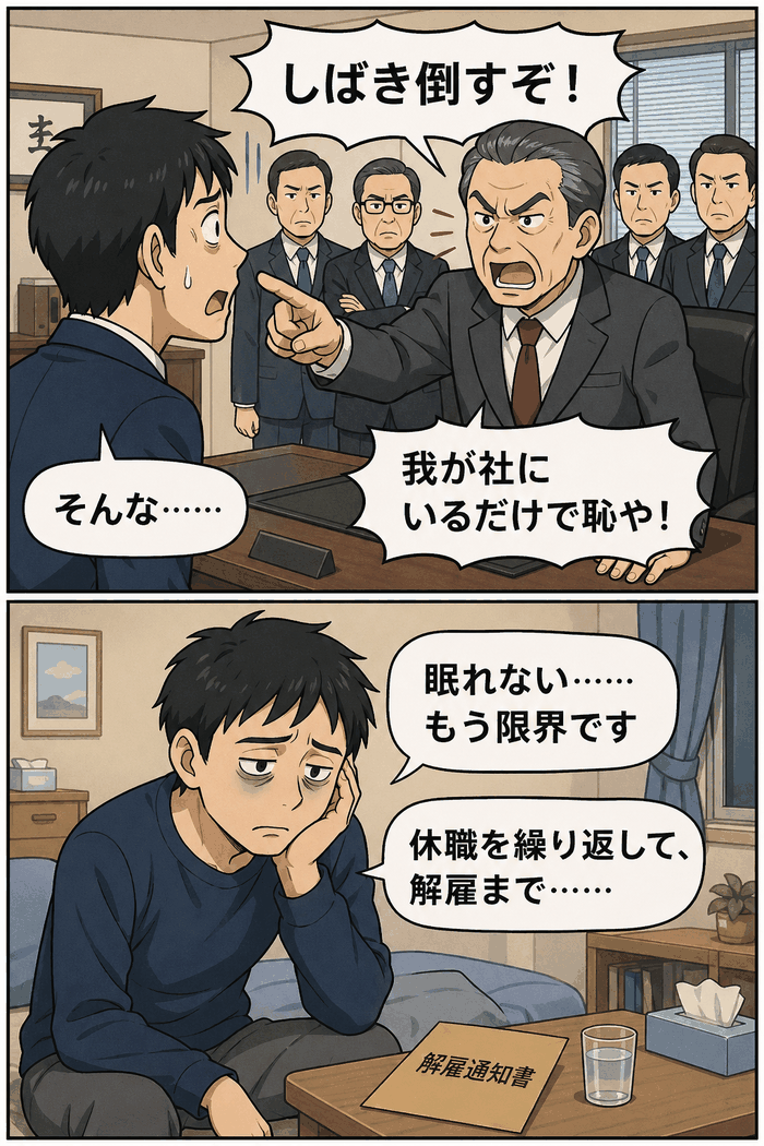 社長から「しばき倒すぞ」などの暴言で叱責され、精神的に追い詰められる男性社員の漫画イラスト。パワハラにより適応障害を発症し、休職や解雇に至った労働問題を表す画像。