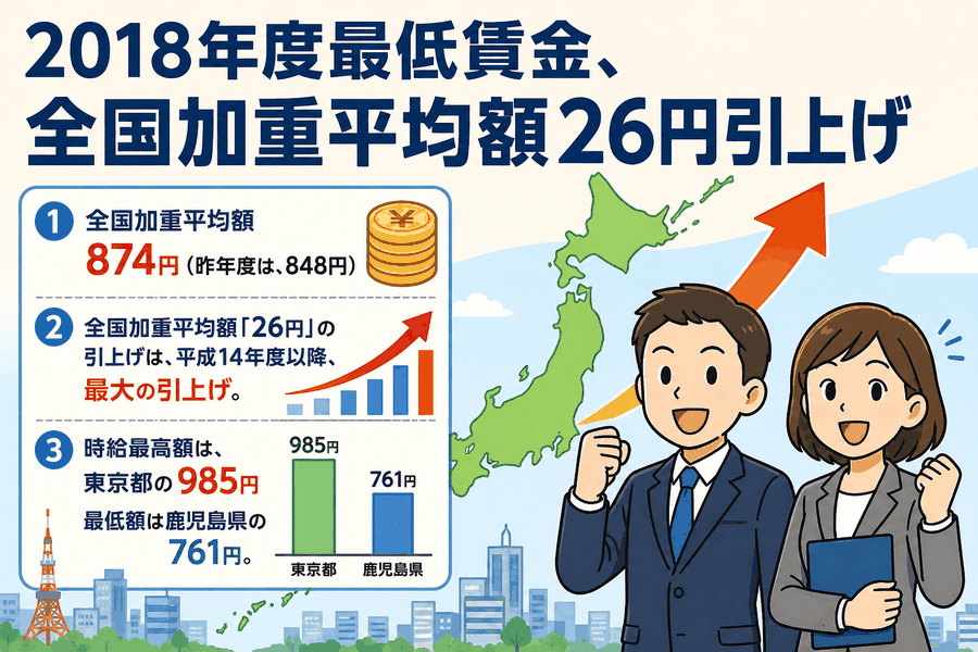 2018年度最低賃金、全国加重平均額26円引上げ