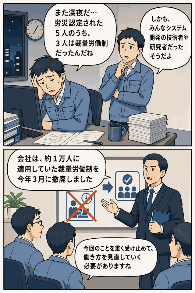大手電機メーカーの裁量労働制撤廃を説明する漫画。深夜に疲弊する技術者と、労災認定を受けた社員の状況を話し合う場面。