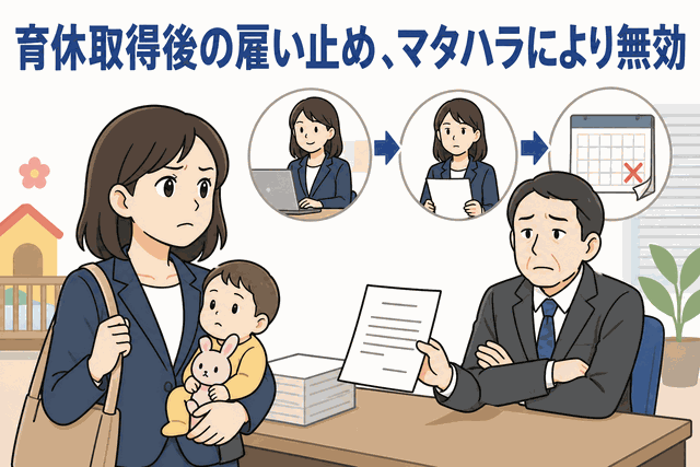 育児休業から復帰した女性が契約社員への変更後に雇い止めとなり、マタハラによる違法性を訴えるイメージ