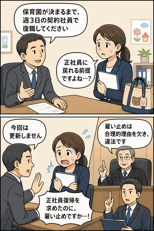 育休復帰後に週3日の契約社員として復職した女性が正社員復帰を求めたものの雇い止めされ、裁判で違法と判断される場面