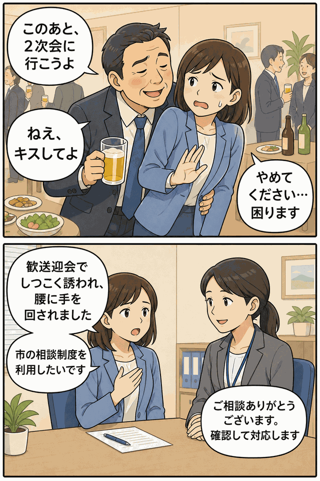 高知市教育委員会の課長級男性職員が歓送迎会で女性臨時職員にセクハラを行い、相談制度の利用により懲戒処分となった事案を描いた漫画画像