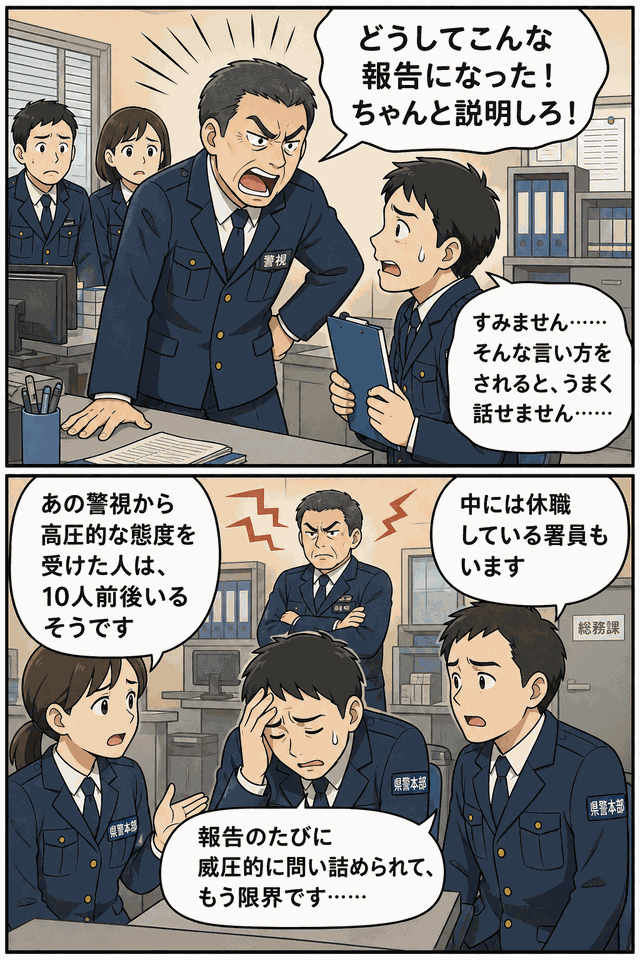 県警の警視が部下に大声で詰め寄り、報告内容をめぐる威圧的な指導やパワハラ疑惑を漫画で描いた画像