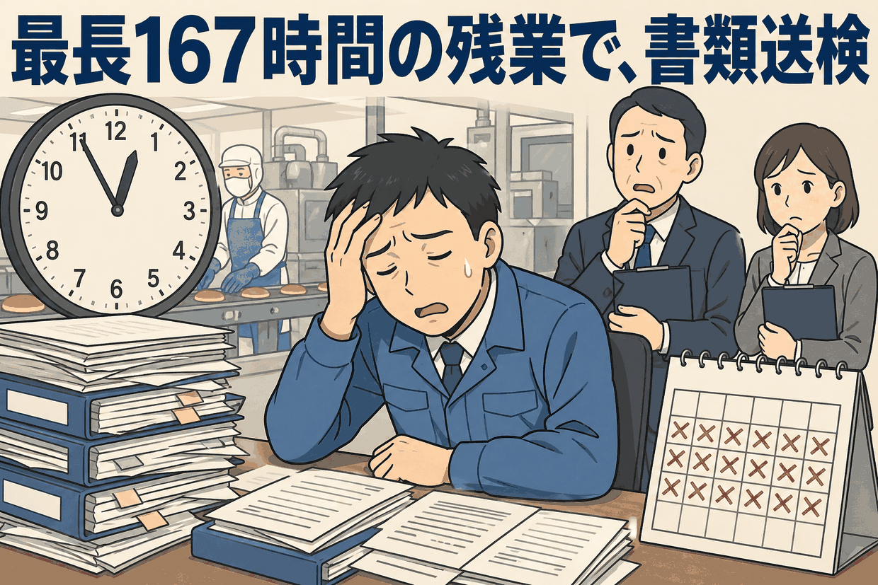 食品製造業で36協定の限度時間を超え最長167時間の違法残業をさせたとして、松本労働基準監督署が企業と労務管理担当者を書類送検した事例を示すイラスト