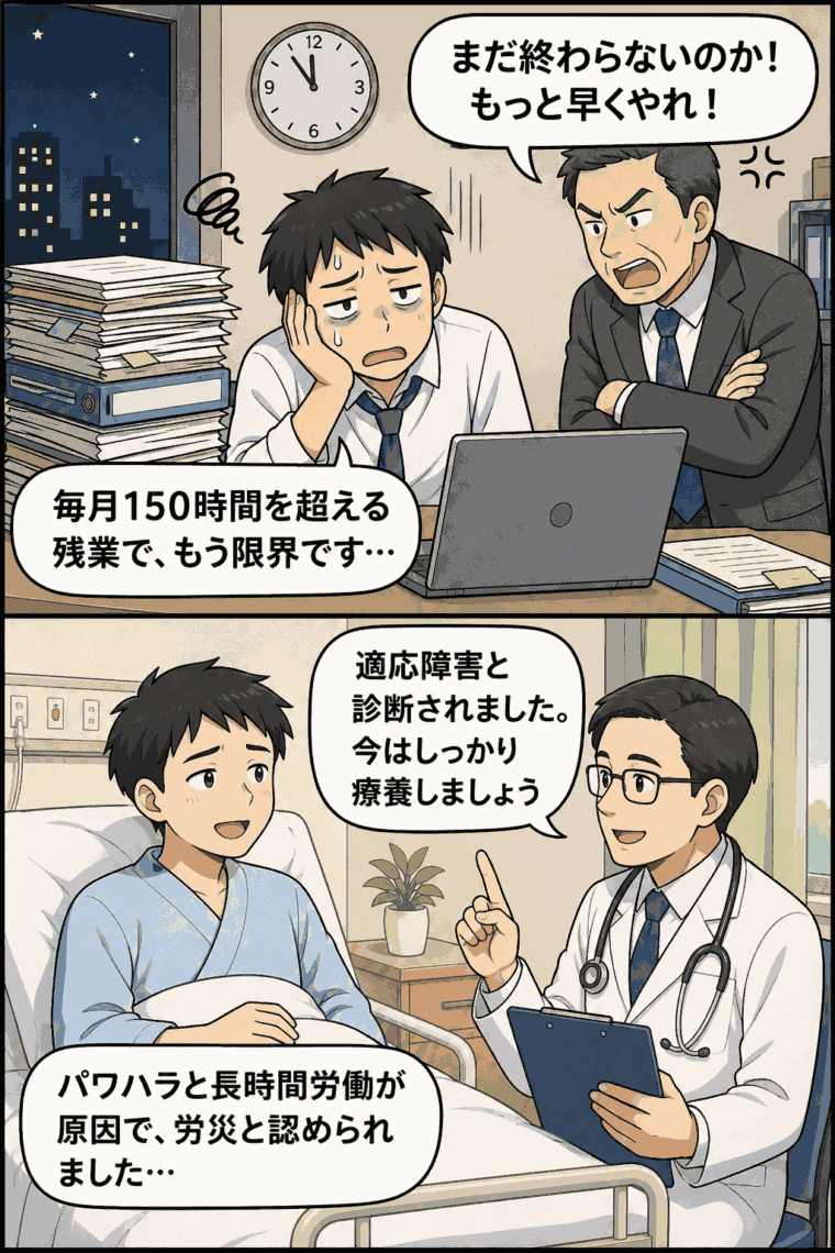 20代男性がパワハラと月150時間超の長時間労働により適応障害を発症し、労災認定された事例を表すイラスト