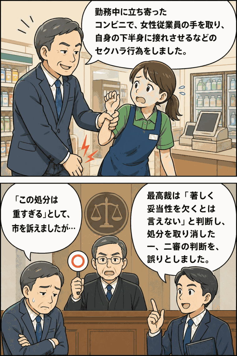 勤務中に立ち寄ったコンビニで女性従業員にセクハラ行為をした男性職員と、停職6カ月処分を妥当と判断した最高裁の漫画解説