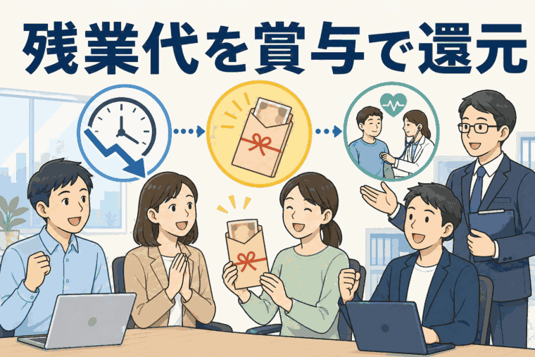 残業代削減分の7割を賞与に還元する制度を紹介するイラスト。社員に一律約15万円を支給し、残業削減と健康支援を促進する企業の取り組み。