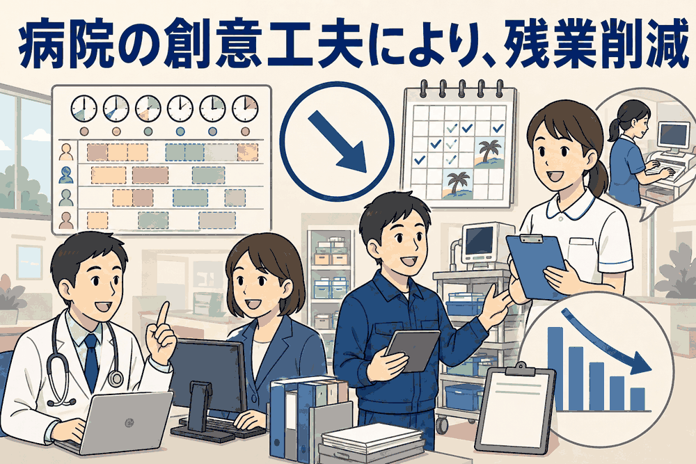 熊本の病院で働き方改革を進め、70パターンの勤務シフトや専門職員配置により残業削減と年休取得率向上を実現した医療スタッフのイラスト