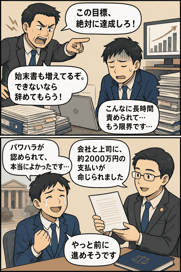 達成困難な目標や長時間の叱責を受けた男性が、長崎地裁でパワハラ認定を受け、会社と上司に約2000万円の支払いが命じられた事例の漫画イメージ