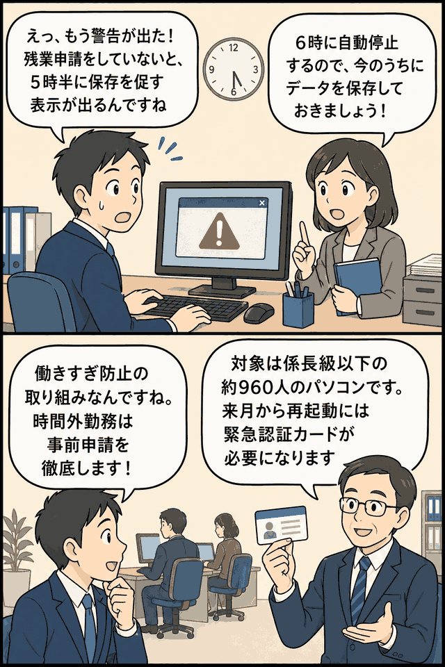 佐賀県唐津市の働き方改革として、午後6時の業務用パソコン自動停止や残業申請を説明する職員の漫画イラスト