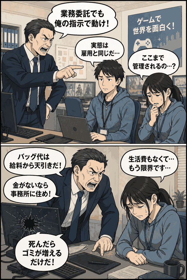 ゲーム業界の求人広告会社で業務委託契約の従業員が社長から指揮命令や給与天引き、暴言などのパワハラを受ける様子を描いた漫画