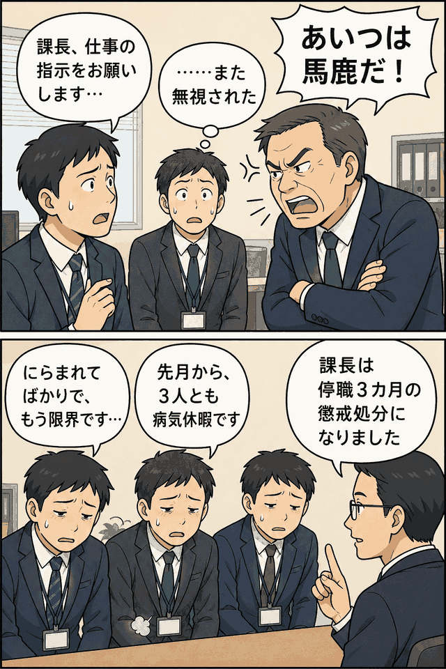 埼玉県嵐山町の50代男性課長が部下3人への暴言や無視などのパワハラで停職3カ月の懲戒処分を受けた事案を描いた漫画