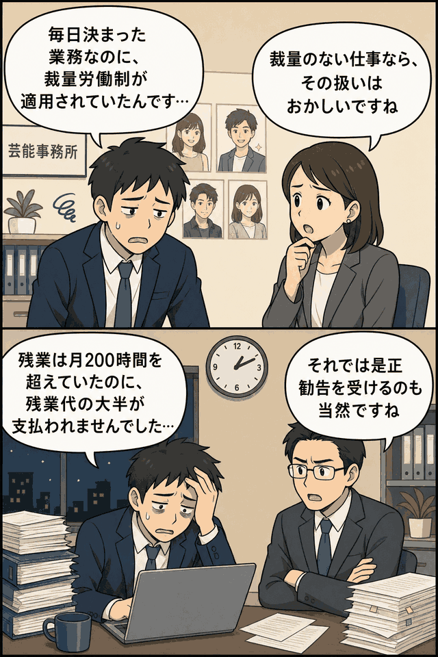 芸能事務所で裁量労働制を不適切に適用され、月200時間超の残業代未払いを訴える男性社員