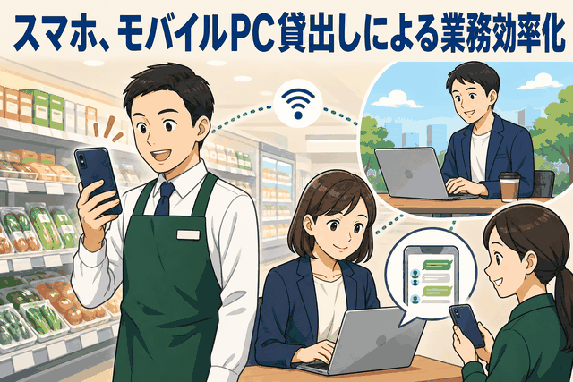 スマホやモバイルPCを社員に貸与し、店舗・外出先・本社間の業務連絡やテザリング活用で働き方を効率化するスーパーマーケットチェーンのイメージ