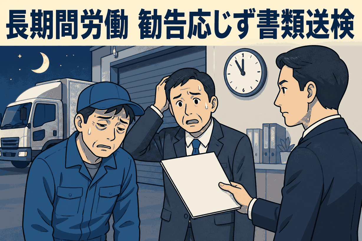 長期間労働と36協定違反により、貨物運送業の会社が是正勧告に応じず書類送検された事例を示すアイキャッチ画像