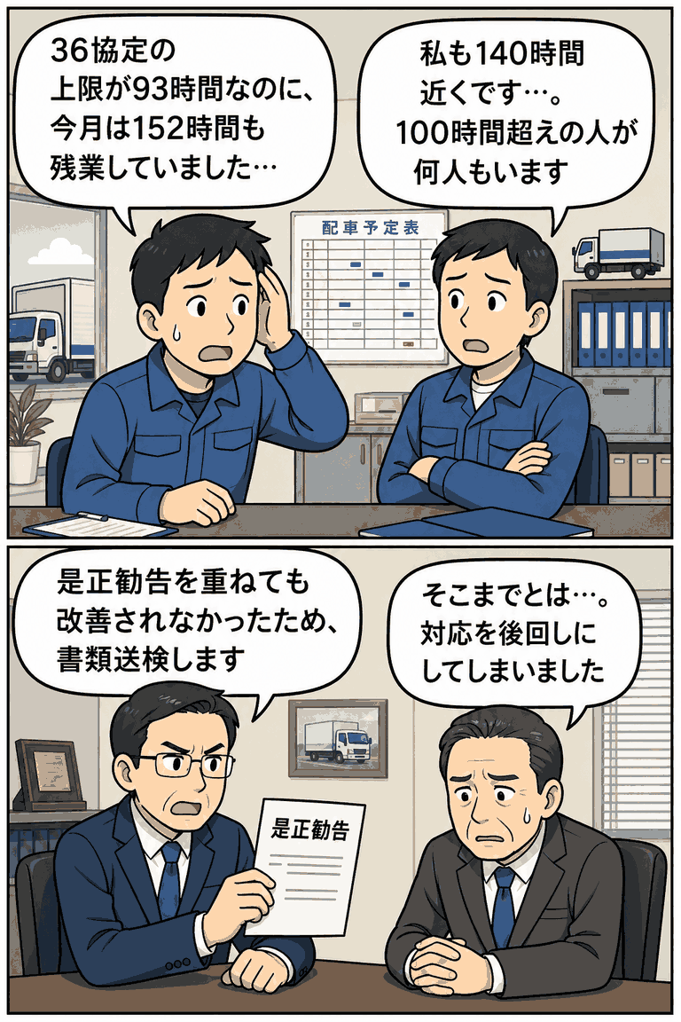 36協定の上限93時間を超え、月152時間・140時間の違法な時間外労働や100時間超の残業が発覚し、是正勧告後も改善されず書類送検された貨物運送業の事例