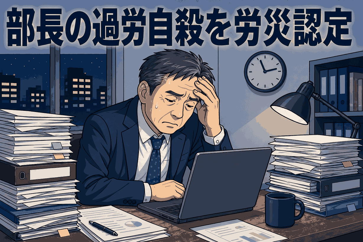 部長昇進後の長時間労働と月100時間超の残業に苦しむ50代男性管理職の過労自殺が労災認定された事例を表すアイキャッチ画像