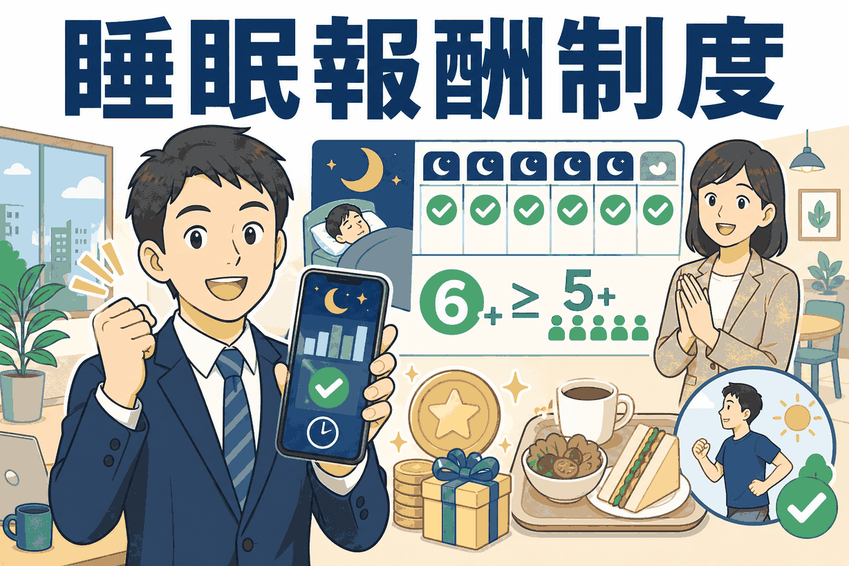 睡眠報酬制度の仕組みを紹介するイラスト。睡眠アプリで睡眠時間を可視化し、週5日以上6時間以上眠った社員にポイント報酬が付与され、社内カフェや食堂で利用できる様子。