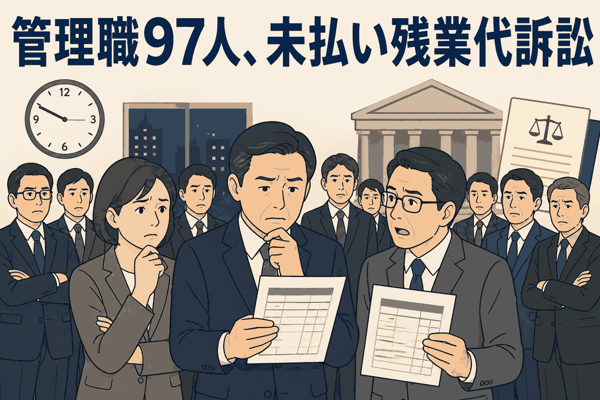 清涼飲料大手子会社の管理職97人が、固定残業代制度や未払い残業代をめぐり一斉に訴訟・調停を起こした問題を表すイラスト