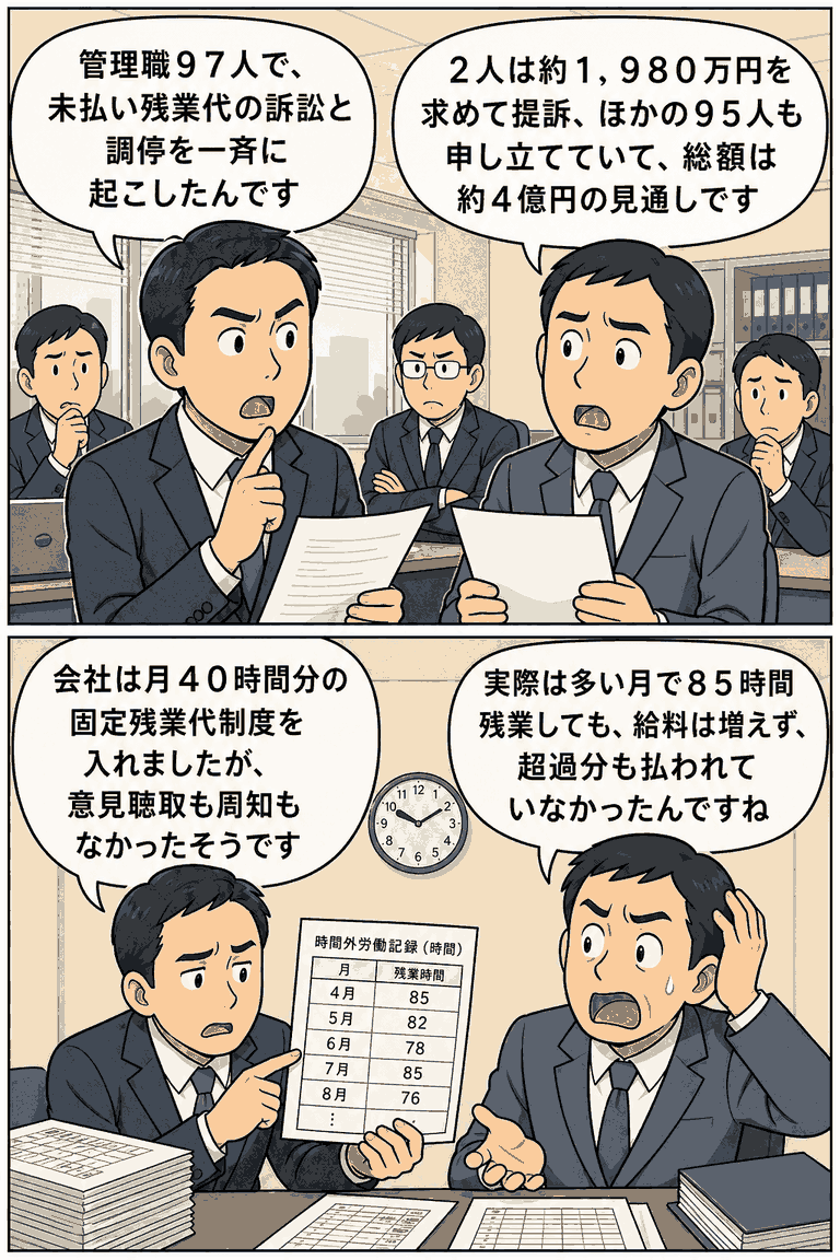管理職97人が未払い残業代の訴訟・調停を一斉に起こし、固定残業代制度や85時間残業の未払い問題を説明する漫画