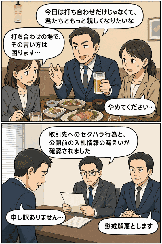 取引先女性へのセクハラ行為と公開前の入札情報漏えいが確認され、農研機構の部長職男性が懲戒解雇される様子を描いた漫画画像
