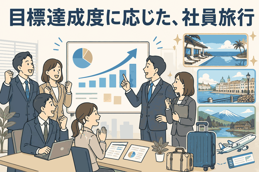 プロジェクト目標の達成度に応じて社員旅行のランクが決まる制度を説明する美容情報サイト運営会社のメンバー