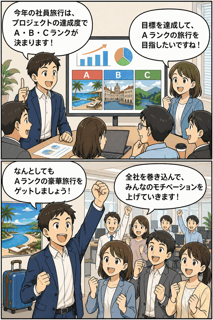 プロジェクトの達成度に応じてA・B・Cランクの社員旅行が決まり、Aランクの豪華旅行を目指して全社でモチベーションを高める様子