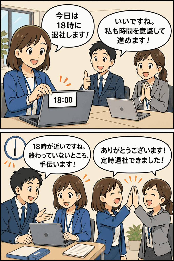 退社時間の宣言制度で18時退社を掲示し、社員同士が声をかけ合って業務をサポートし、定時退社後にハイタッチする職場の漫画