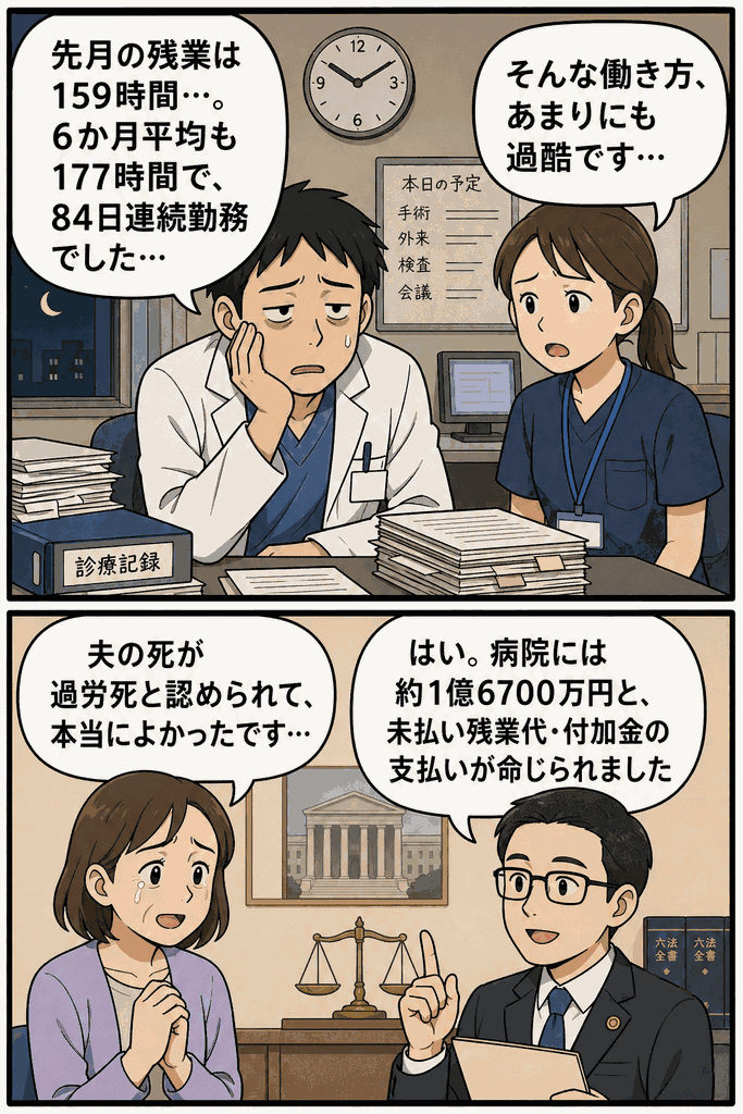 長時間労働により医師の過労死が認定され、長崎地裁が病院に約1億6700万円の支払いを命じた事例を解説する漫画