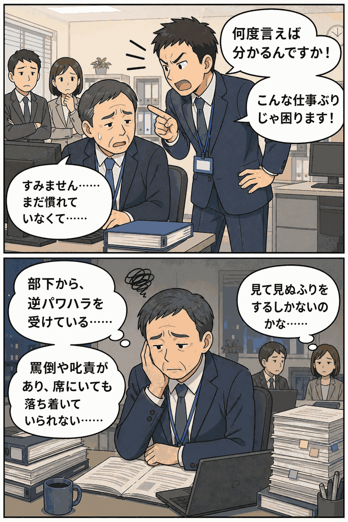 静岡市職員が部下から強い叱責を受け、逆パワハラに悩む様子を描いた職場漫画。周囲の職員が見て見ぬふりをする場面も表現