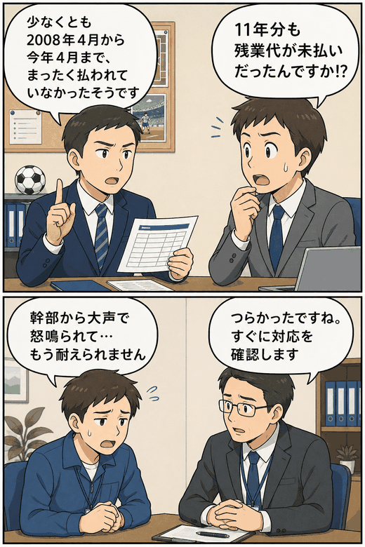 サッカーJ2クラブで11年分の残業代未払いと幹部によるパワハラ被害を相談する社員の漫画