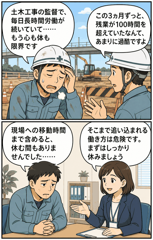 土木工事の監督業務で月100時間超の残業が続いた建設会社の男性社員が、長時間労働による心身の限界を相談している漫画風アイキャッチ画像