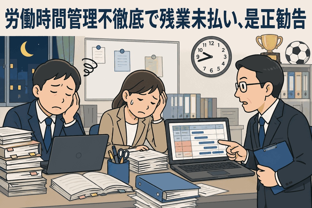 私立高校の教員が授業準備や部活動指導で長時間労働となり、残業代未払いと労働時間管理の不徹底について労働基準監督署から是正勧告を受けたことを示すイラスト