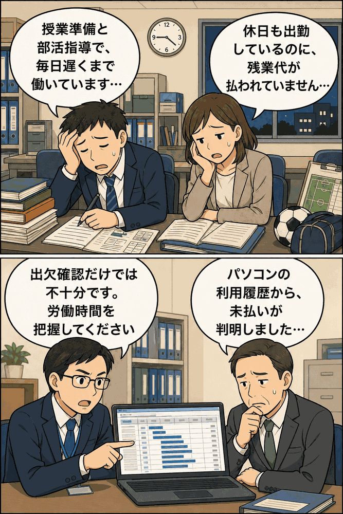 私立高校の教員が授業準備や部活動指導、休日出勤による長時間労働を訴え、労働基準監督署がパソコン利用履歴から残業代未払いを確認し是正勧告する漫画